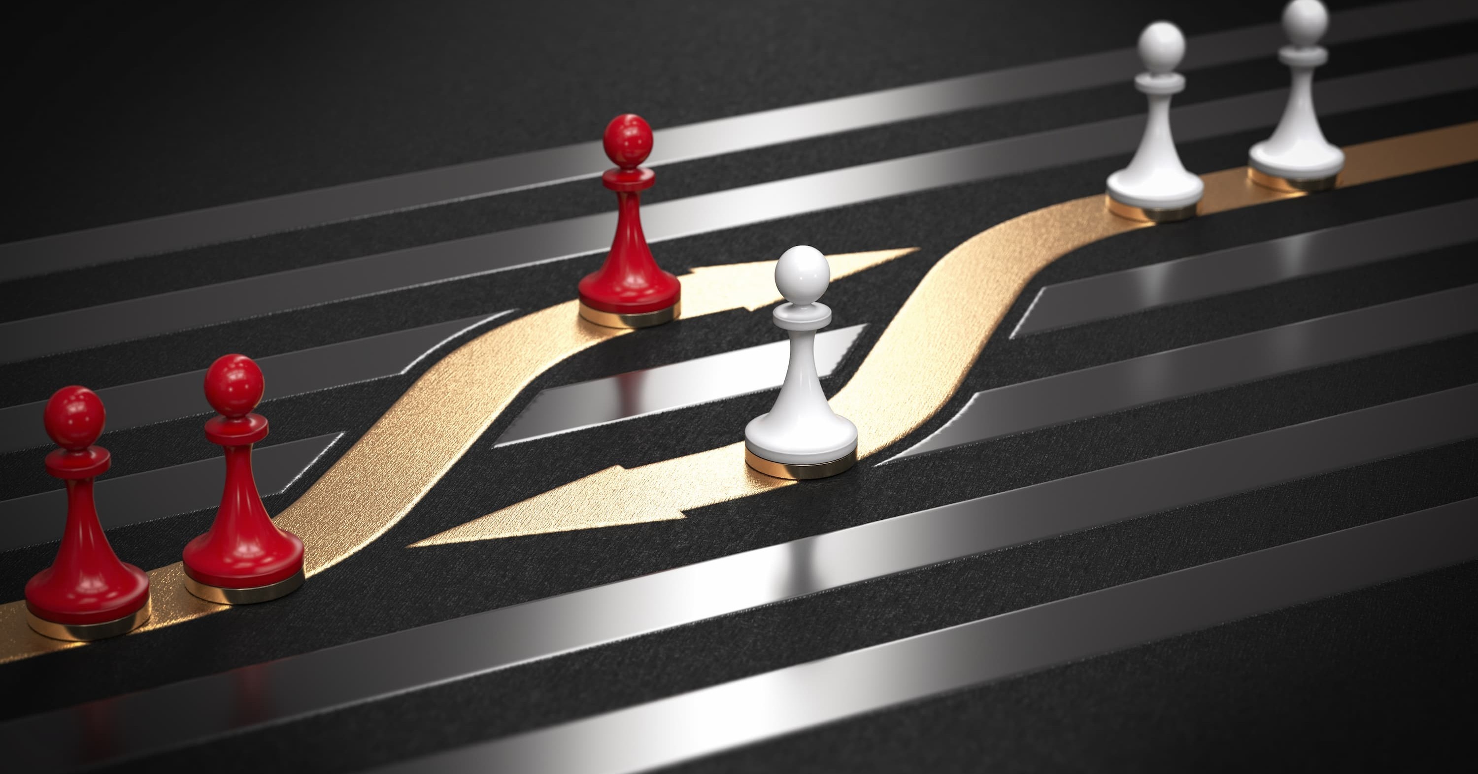 Red and white game pieces diverging along branching arrow paths to illustrate decision points and strategy