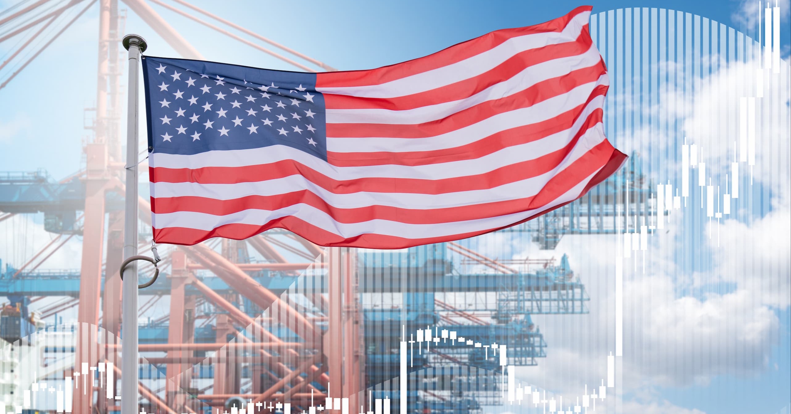 a US flag against a shipping barge, representing the idea of US-based manufacturing