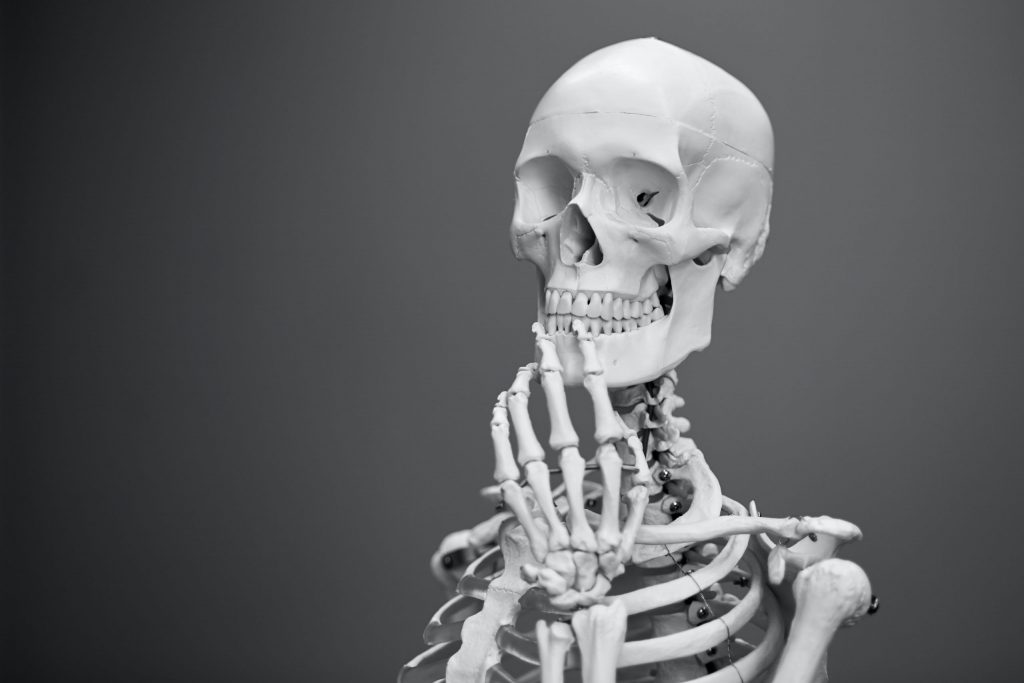 a skeleton looking contemplative