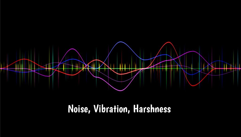 a visual representation of sound waves with text overlaid that says "Noise, vibration, harshness"